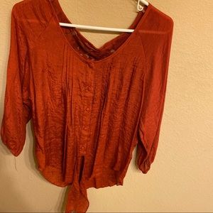 blouse with tie at bottom and lace at top size L